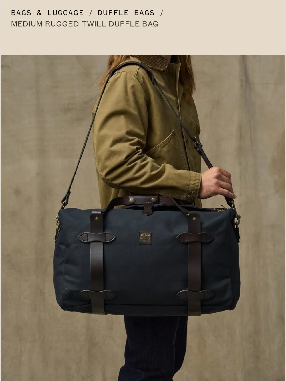 Rugged Twill Duffel Bag — Navy with Brown Leather Trim